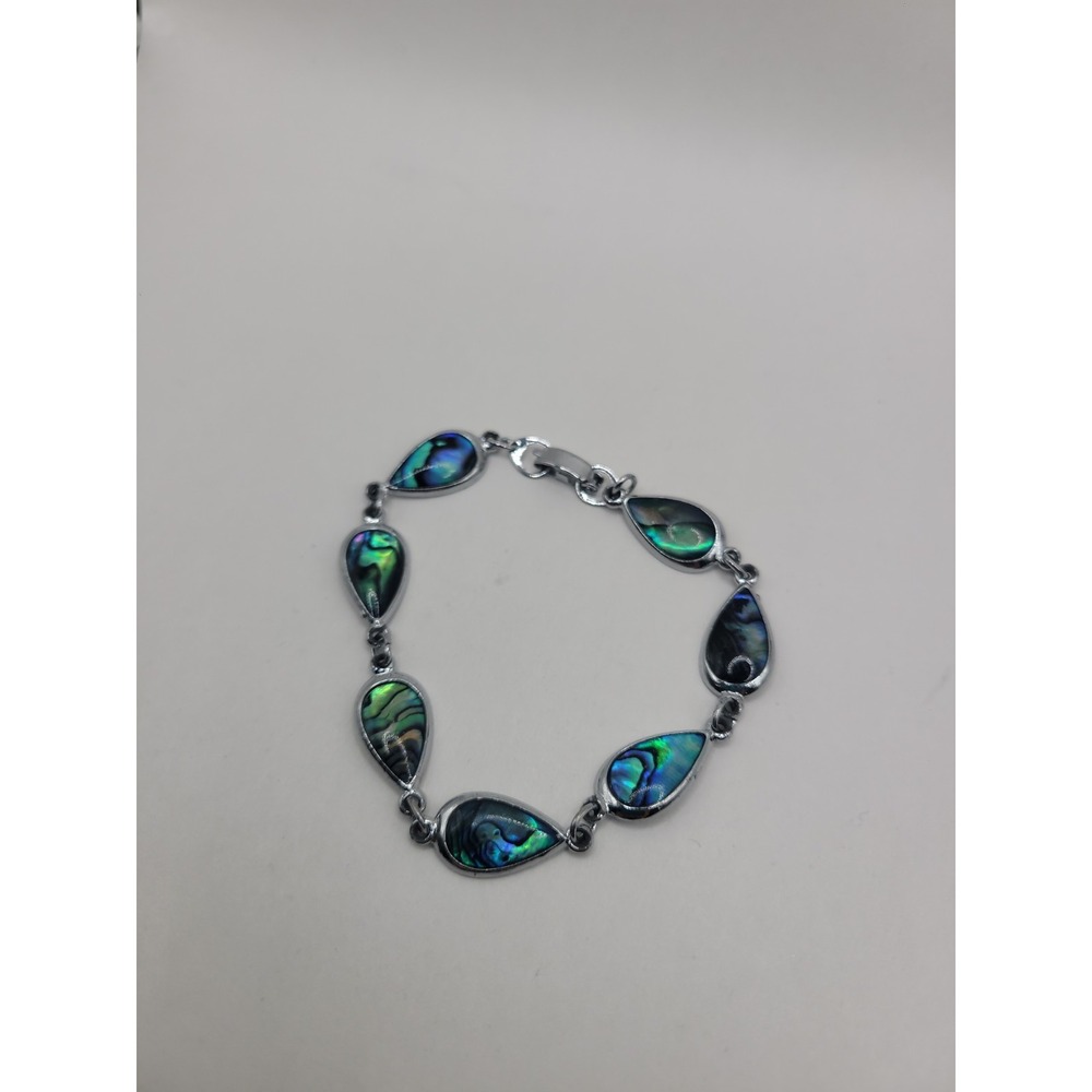 Silver Tone Blue Green Teardrop Inlay Link Bracelet Iridescent Statement Jewelry